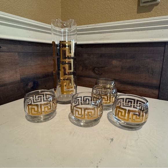 Culver Greek Key Design Vintage Bar Ware Gold Scroll Teal Roly Poly Pitcher 6 Pc - Picture 1 of 10